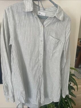 GAP Light Green and White Striped Linen Blouse